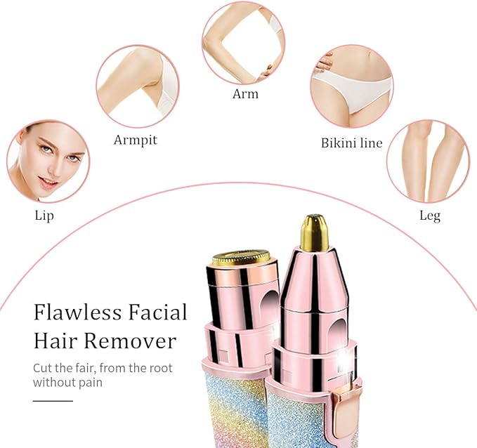 ماكينة تشذيب الحواجب 2 في 1 ومزيل شعر الوجه للنساء، ماكينة حلاقة حواجب قابلة لإعادة الشحن وإزالة الشعر بدون ألم، ماكينة تشذيب الشعر وحلاقة الجسم للشفاه والأنف والوجه مع رأسين بديلين وضوء LED 