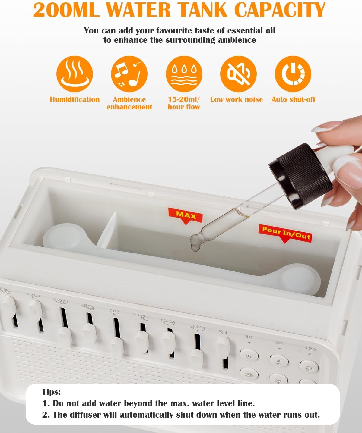 جهاز نشر صوت الضوضاء البيضاء، موزع زيوت عطرية للمنزل، مرطب هواء مع 8 تأثيرات ضوضاء بيضاء وإضاءة ليلية LED، مكبر صوت، مؤقت، تصميم قابس 