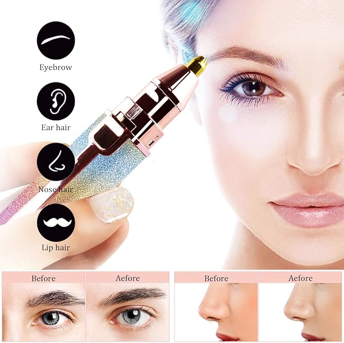ماكينة تشذيب الحواجب 2 في 1 ومزيل شعر الوجه للنساء، ماكينة حلاقة حواجب قابلة لإعادة الشحن وإزالة الشعر بدون ألم، ماكينة تشذيب الشعر وحلاقة الجسم للشفاه والأنف والوجه مع رأسين بديلين وضوء LED 