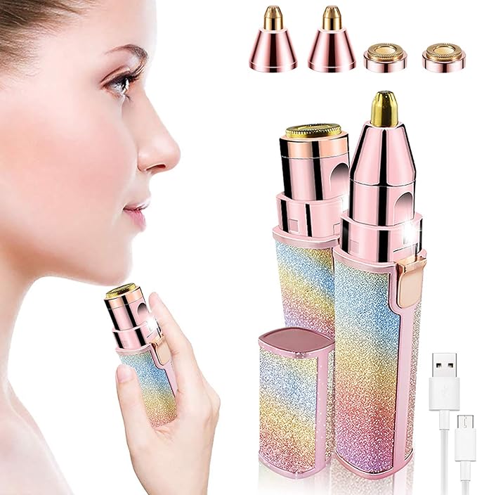 ماكينة تشذيب الحواجب 2 في 1 ومزيل شعر الوجه للنساء، ماكينة حلاقة حواجب قابلة لإعادة الشحن وإزالة الشعر بدون ألم، ماكينة تشذيب الشعر وحلاقة الجسم للشفاه والأنف والوجه مع رأسين بديلين وضوء LED 