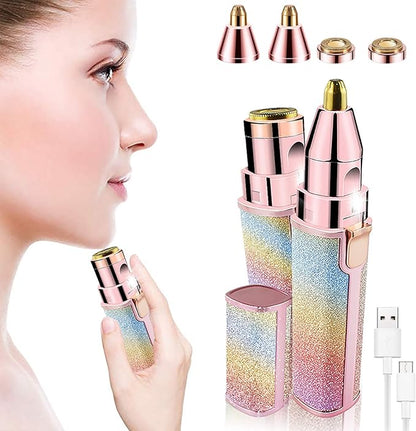 ماكينة تشذيب الحواجب 2 في 1 ومزيل شعر الوجه للنساء، ماكينة حلاقة حواجب قابلة لإعادة الشحن وإزالة الشعر بدون ألم، ماكينة تشذيب الشعر وحلاقة الجسم للشفاه والأنف والوجه مع رأسين بديلين وضوء LED 