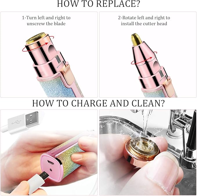 ماكينة تشذيب الحواجب 2 في 1 ومزيل شعر الوجه للنساء، ماكينة حلاقة حواجب قابلة لإعادة الشحن وإزالة الشعر بدون ألم، ماكينة تشذيب الشعر وحلاقة الجسم للشفاه والأنف والوجه مع رأسين بديلين وضوء LED 