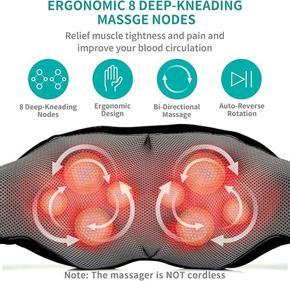 Neck and Back Massager with Soothing Heat, Electric Deep Tissue 3D Kneading Massage Pillow for Shoulder, Leg, Body Muscle Pain Relief, Home, Office, and Car Use