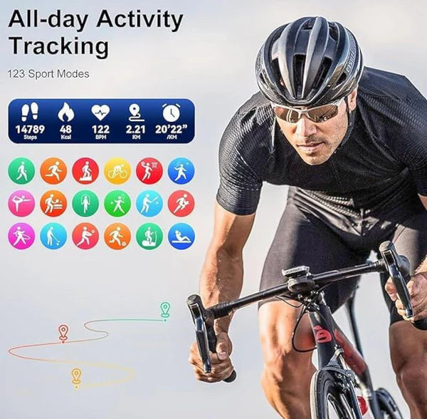 ساعة ذكية 7 في 1 باللون الذهبي الفائق، مزودة بخاصية الصحة، ونظام تحديد المواقع العالمي (GPS)، ونظام الاتصال قريب المدى (NFC)، والشحن اللاسلكي