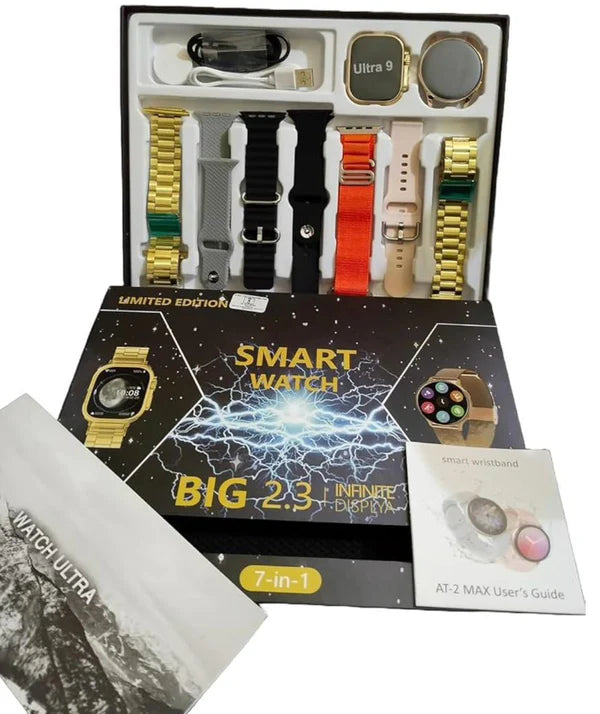 ساعة ذكية 7 في 1 باللون الذهبي الفائق، مزودة بخاصية الصحة، ونظام تحديد المواقع العالمي (GPS)، ونظام الاتصال قريب المدى (NFC)، والشحن اللاسلكي
