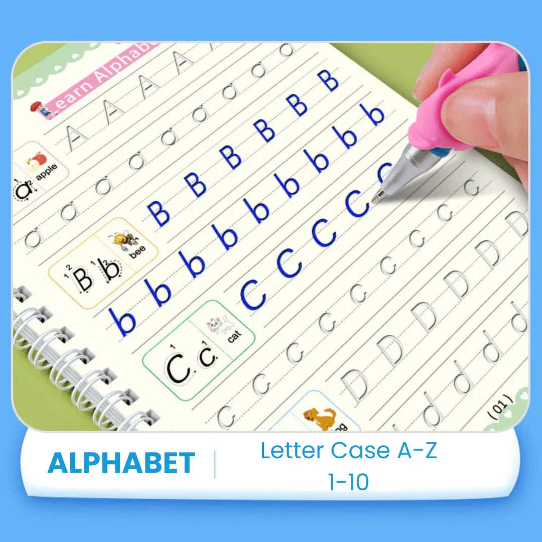 كتاب الكتابة السحرية - مجموعة من 4 كتب قابلة لإعادة الاستخدام لممارسة الكتابة اليدوية باستخدام حبر قابل للاختفاء 