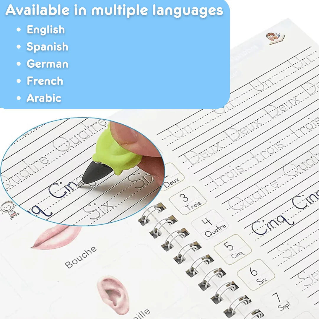 كتاب الكتابة السحرية - مجموعة من 4 كتب قابلة لإعادة الاستخدام لممارسة الكتابة اليدوية باستخدام حبر قابل للاختفاء 